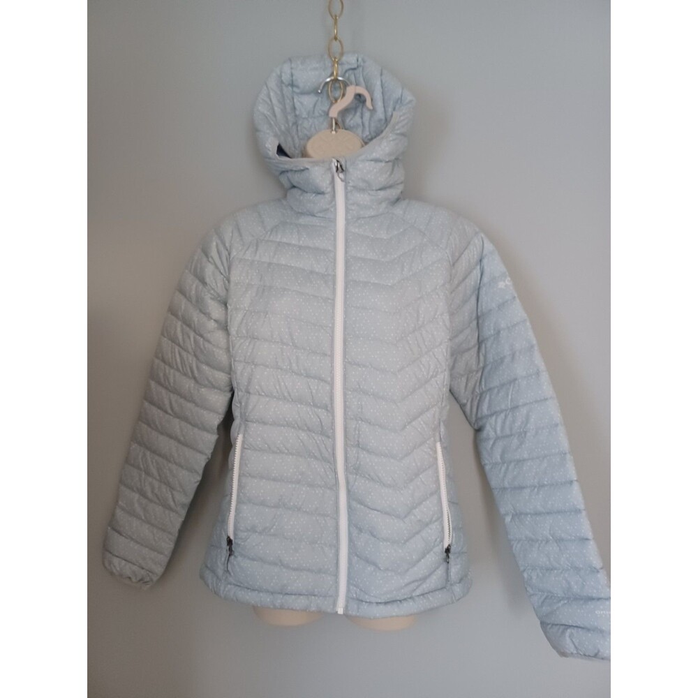 Columbia Puffer Jacket Women M Blue/Grey Dots Silver Lining Omni Heat Hooded